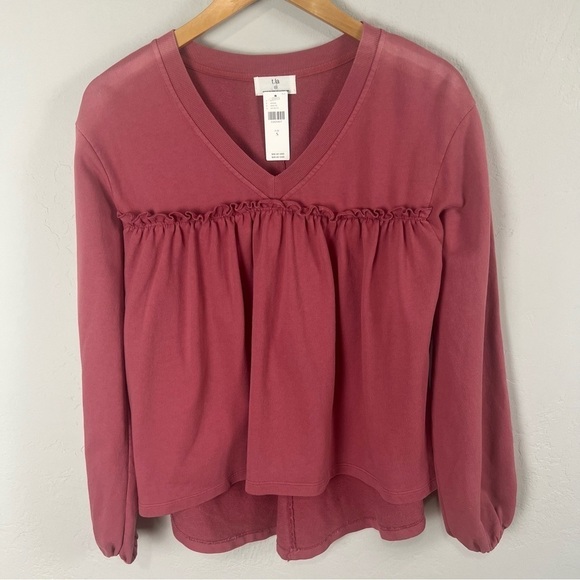 NEW Anthropologie‎ T.La Burgundy Pink Ruffle V-Neck Sweatshirt Size Small - Picture 2 of 9